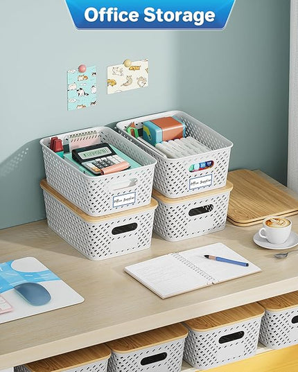 8 Packs Plastic Storage Bins with Bamboo Lids - Stackable Storage Bins Decorative Small Basket Containers for Organizing Shelves Office Classroom Desktop Closet, Cream White