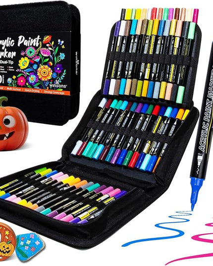 WINSONS 60 Colors Acrylic Paint Markers, Dual Tip with Fine Tip and Brush Tip Pens for Rock Painting Supplies, Canvas, Wood, Calligraphy, Metal, Ceramic, Glass, DIY Crafts Art Supplies Kit