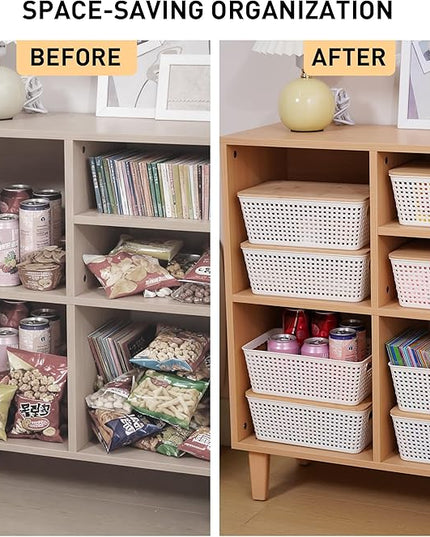 Small Storage Bins with Lids 6 Packs, Plastic Storage Basket with Bamboo Lid for Pantry Organization and Storage Containers for Shelves Drawers Desktop Closet Playroom Office Home, White