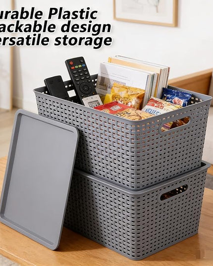 6 Pack Plastic Storage Bins with Lids, Stackable Storage Baskets with Handles, Large Organizer Bins for Desk, Shelves, Office, Plastic Container Bins for Pantry Organizers and Storage, Grey