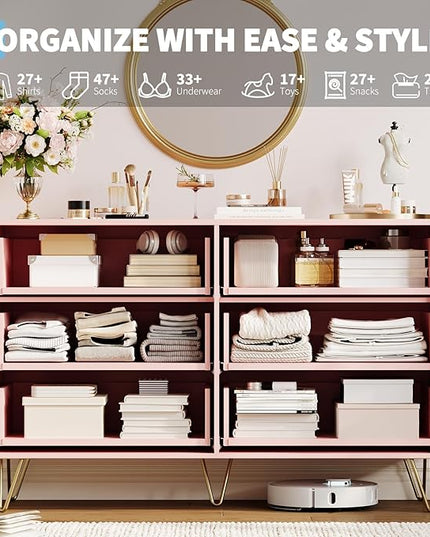 Garvee Fluted Dresser for Bedroom with 6 Drawers,47" Wide Modern Chest of Wooden Bedroom Chest with Metal Handle,Clothes Storage Organizer,Closet Dresser & TV Stand for Living Room,Hallway,6&Pink