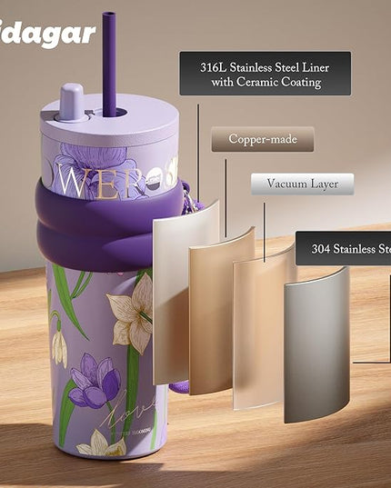 24 oz Stainless Steel Tumbler with Lid and Straw, Insulated Coffee Mug, Leak Proof, Portable Iced Travel Water Bottle, Reusable Thermal Coffee Cup, Floral Purple