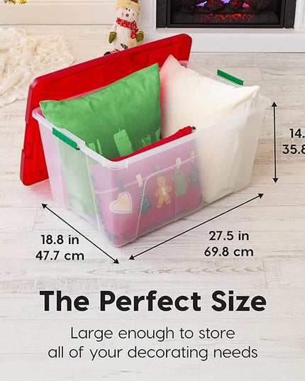 IRIS USA 94 Qt. Stackable Plastic Storage Bins with Lids, 2 Pack - BPA-Free, See-Through Organizing Solution, Latches, Durable Nestable Containers, Secure Pull Handle, Made in USA - Red