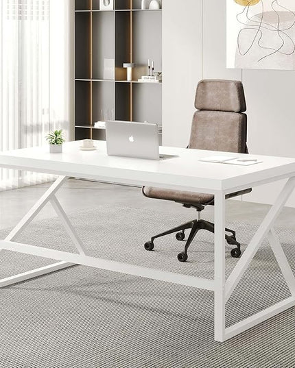 HSH White Computer Desk, Modern Wood Home Office Desk, PC Desk for Executive Work Writing Study Gaming Student Bedroom, Farmhouse Simple Wooden and Metal Computer Table Workstation, White Oak 55 Inch