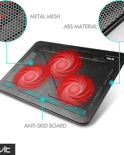 Havit HV-F2056 15.6-17 Inch Laptop Cooler Cooling Pad - Slim Portable USB Powered (3 Fans) (Black+Red)