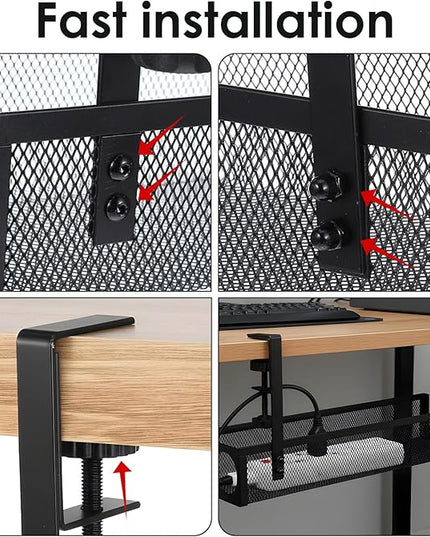 2 Pack Under Desk Cable Management Tray, 15 Inch No Drill Metal Mesh Organizer with Hybrid Side Slots, Wire Holder Storage Rack for Office Home Desk