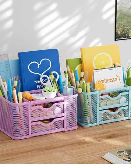 Marbrasse Mesh Desk Organizer, Pen Holder with 2 Drawer, Multi-Functional Pencil Holder, Desk Organizers and Accessories with 5 Compartments + Drawer for Office Art Supplies (Purple)