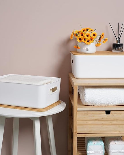 Citylife 4 PCS Storage Bins with Lids Plastic Storage Containers for Organizing Stackable Storage Box with Handle, 15.16 x 10.79 x 5.83 inch (White, 4 PCS-Large)
