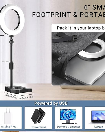 Laptop Ring Light for Video Conferencing, 6'' LED Desk Soft Halo Lighting with Phone Holder for Zoom Calls, Live Streaming, Computer Monitor Webcam, Portable Circle Light with Adjustable Stand