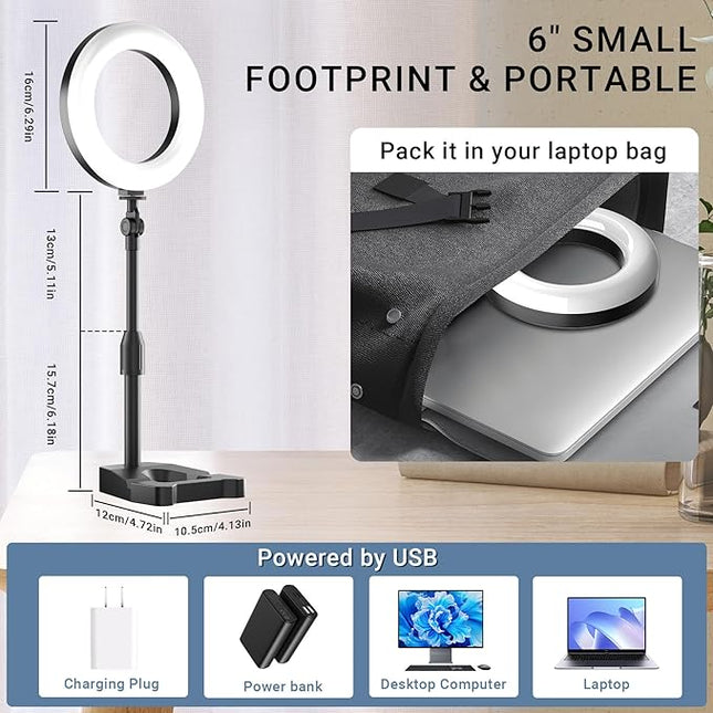 Laptop Ring Light for Video Conferencing, 6'' LED Desk Soft Halo Lighting with Phone Holder for Zoom Calls, Live Streaming, Computer Monitor Webcam, Portable Circle Light with Adjustable Stand