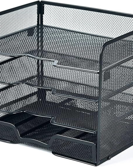 SETTFRFE 4 Tier Mesh Paper Letter Tray,Desk File Organizer with A Sliding Drawer,Office Supplies Desk Organizer for Home Office,Black.