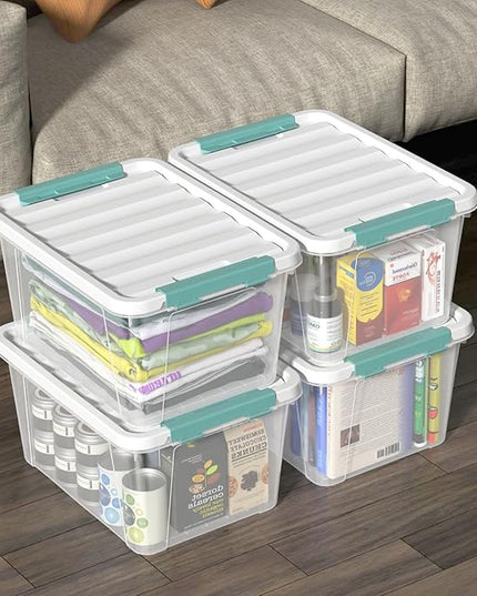 20 Quart Clear Storage Box, Plastic Latching Bins with Lids, 4 Pack