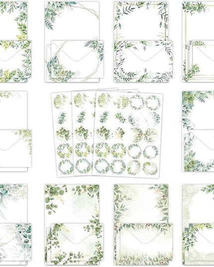160 Pcs Stationery Paper Envelopes Set Includes 50 Writing Paper & 50 Envelopes with 60 Colorful Round Dot Stickers, Cute Vintage Tree Leaf Letter Writing Stationery Paper Envelopes(10Style)