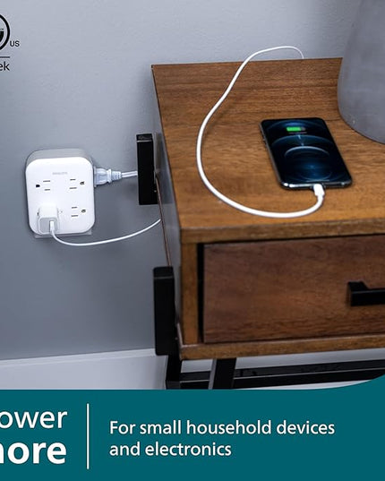 Philips All-in-One Surge Tap, 4 Grounded & 4 Polarized Outlets, 1140 Joules, Adapter-Spaced Design, ETL Certified, White/Gray, SPP3993W/37