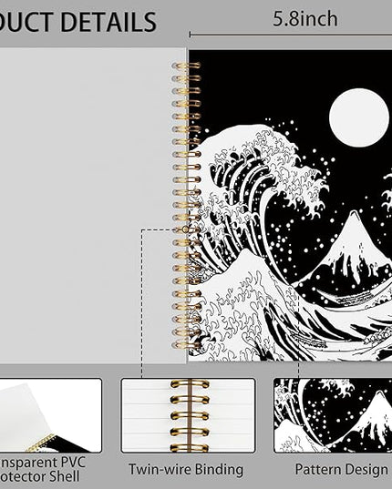 Knibeo Japanese Wave with Sun Black and White Art Lined Hardcover Spiral Notebook Journal 5.5×8.3 Inch,College Ruled Notebook for Work Notes Journaling,Gifts for Cat Lovers Women Girls pvc notebook