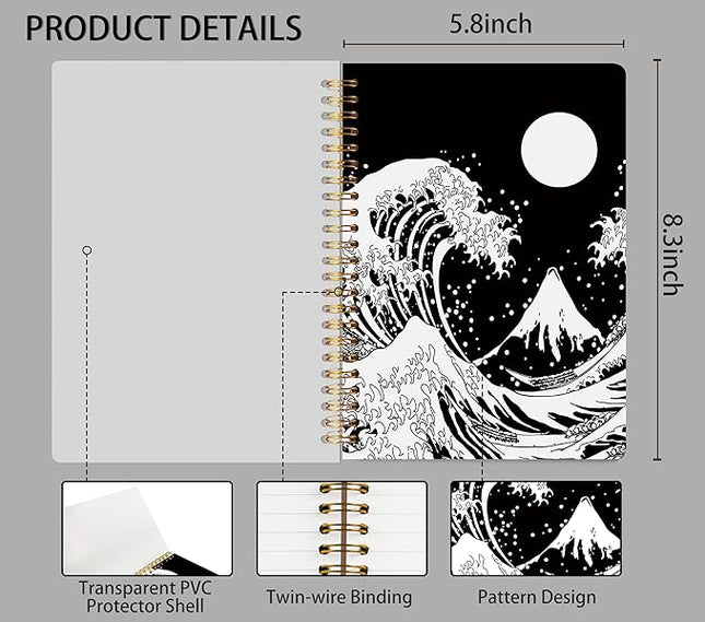 Knibeo Japanese Wave with Sun Black and White Art Lined Hardcover Spiral Notebook Journal 5.5×8.3 Inch,College Ruled Notebook for Work Notes Journaling,Gifts for Cat Lovers Women Girls pvc notebook