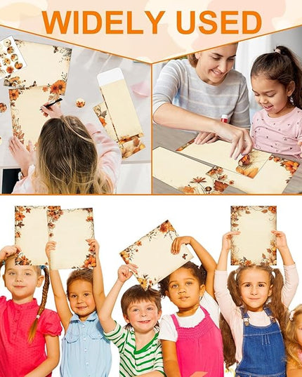 EggSun 250Pcs Fall Thanksgiving Stationery Paper and Envelope Set with 100 Letterhead Papers and 50 Envelopes, 10 Design for Letter Writing Invitations Computer Holidays Party Notes, 8.5x11 Inch-Leaf