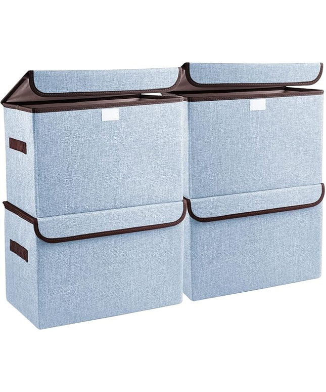 Foldable Storage Bins with Lids, Decorative Storage Baskets, Large Storage Boxes for Home, Office, Bedroom, Closet, Blue, Medium, 4 Pack 14.6 x 9.5 x 9.5”