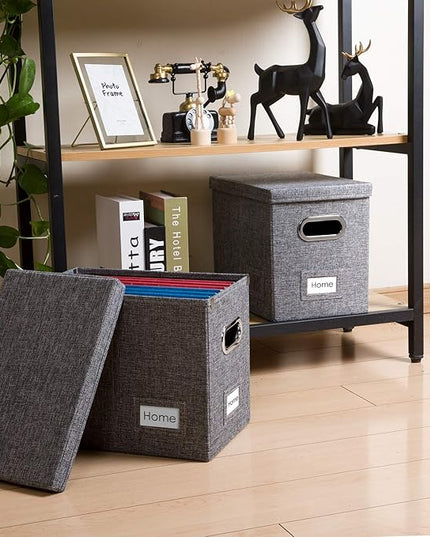 PRANDOM File Organizer Box - Set of 2 Collapsible Decorative Linen Filing Storage Hanging File Folders with Lids Office Cabinet Letter Size Grey (14x9.3x10.8 inch)