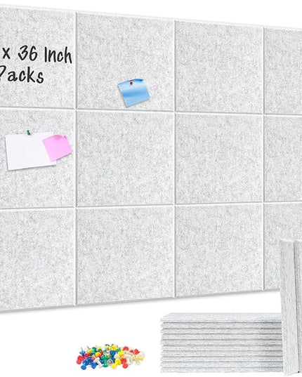 DOLLAR BOSS Large Cork Board for Wall 48" x 36" x 0.5" Bulletin Board 12 Packs Corkboard Tiles Self Adhesive Felt Wall Tiles for Office Home School, Light Grey
