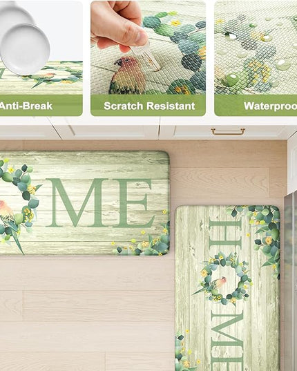 KIMODE Anti Fatigue Kitchen Mats for Floor 2 Piece,Farmhouse Spring Rugs Non Slip,Cushioned Memory Foam Carpet for Sink Laundry Office Bathroom,Green 17"x47"+17"x29"