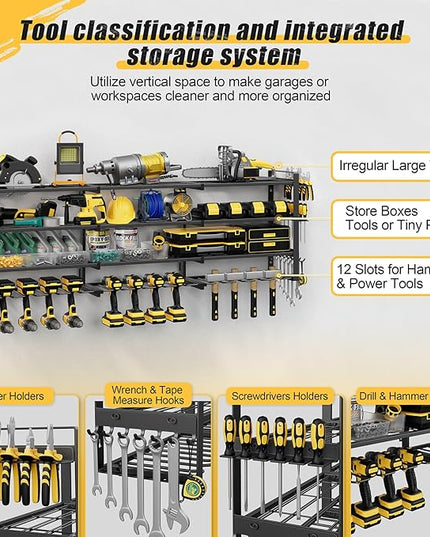 49.4'' Large Power Tool Organizer Wall Mount, 4-Tier Tool Storage Rack with 12 Drill Holders, 600LBS Load Heavy Duty Cordless Tool Shelf for Garage Organization, Gift for Men