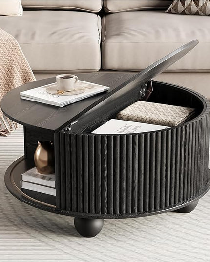 JOINICE Black Round Coffee Table with Storage, 31.5" Fluted Drum Center Table with Sliding Door, Modern Farmhouse Wood Circle Table with Bun Feet for Living Room