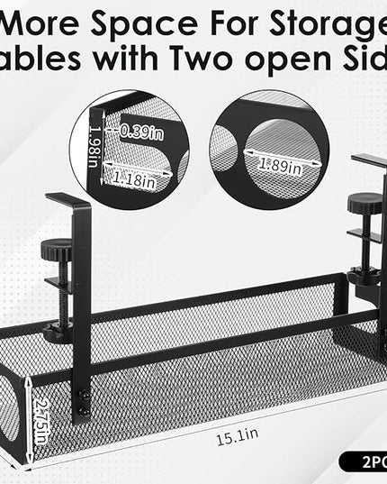 2 Pack Under Desk Cable Management Tray, 15 Inch No Drill Metal Mesh Organizer with Hybrid Side Slots, Wire Holder Storage Rack for Office Home Desk