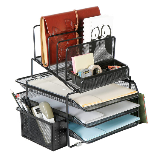 DESIGNA Stackable Mesh Desk Organizer with 3 Sliding Letter Tray Drawers, 4 File Holders Sorter Section, 2 Side Compartments, Pencil Holder Non-slip All In One Desktop Organizers Office Storage, Black