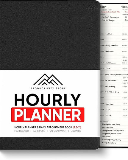 Hourly Planner & Appointment Book (8.5” x 11”) - Premium Hourly Planner with Daily Schedule & 30-Minute Time Slots for Better Time Management by PRODUCTIVITY STORE (A4, Black)