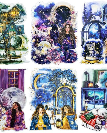 AuriicLeaf Fantasy Night Dream PET Stickers Set, 180Pcs Mystical Celestial Stickers for Journaling, Scrapbooking, DIY Crafts, Planners, and Collage Art