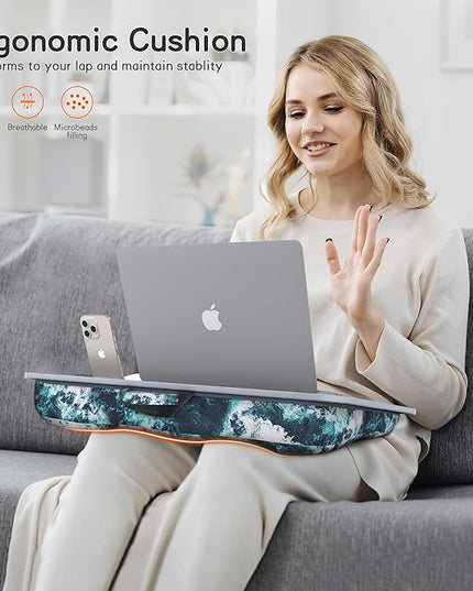 Millhome Lap Desk | Portable Laptop Desk – Fits Up to 17.3" Laptops –Detachable & Washable, Phone Holder, Device Ledge – for Writing, Working, Reading on Bed, Couch, Sofa, Floor – Blue Waves