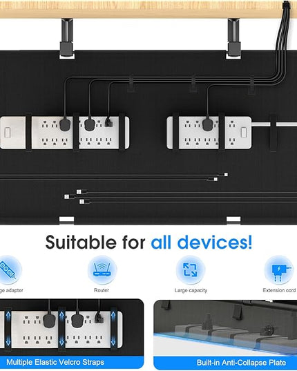 Under Desk Cable Management Tray, 40-inch No-Drill Cord Organizer with Anti-Sag Reinforced Base, Fabric Wire Management Hider for Standing Desk, Office & Gaming Accessories - Black