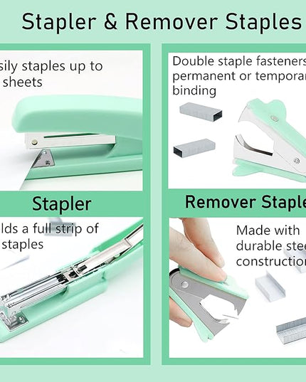 Green Office Supplies, Green Desk Accessories, Stapler, Staple Remover, Tape Holder, Pen Holder, Ballpoint Pen, Scissor, Binder Clips, 1000pcs Staples, Phone Holder, Ruler, Transparent Glue and Notes
