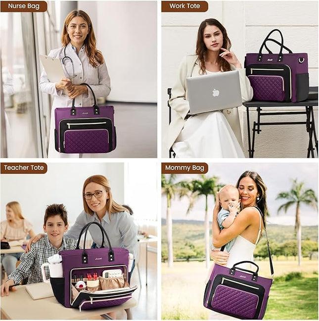 LOVEVOOK Teacher Tote Bag for Women Work, Laptop Bag Work Tote Bag Nurse Bags With Large Cup Holder, Professional Computer Briefcase Business Large Purses Handbag, Diaper Bag Mother Gift, Black-Purple