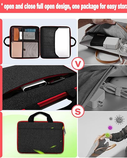 Hseok Laptop Case 13.3-14 inch Briefcase Handbag, Water-Resistant and Shockproof Computer Sleeve Compatible with MacBook Pro 14", Mac Air/Pro 13.3" and 13"-14" Notebooks Chromebooks,Black-red