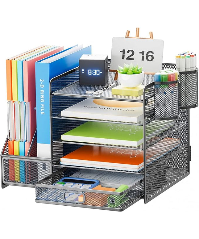 Marbrasse 5-Tier Paper Letter Tray Organizer with Drawer and Pen Holder, Mesh Desktop Organizer and Storage with Magazine Holder for Office Supplies (Grey)