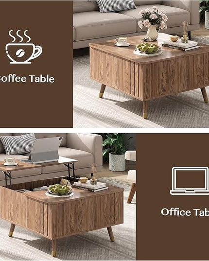 JOINICE 32" Square Lift Top Coffee Table with Storage,Mid Century Modern Walnut Center Table with Rising Desktop for Living Room, Brown Wood Finish