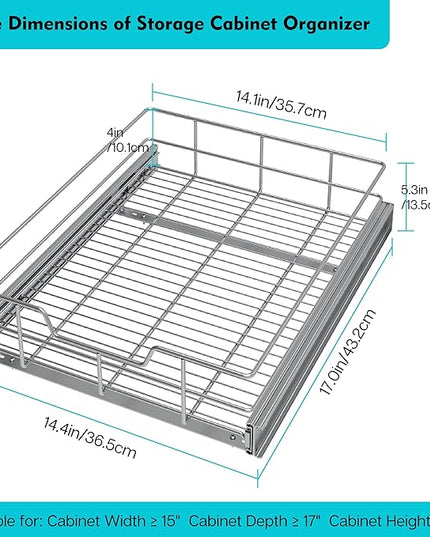 Pull Out Cabinet Organizer 14" W X 17" D, Slide Out Drawers For Kitchen Organizers and Storage, Pull Out Drawers For Cabinets Capacity Heavy Duty Caddy, Cabinet Shelves Chrome-Plated, Bathroom Pantry