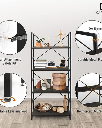 CAPHAUS 4 Tier Bookshelf, 24 Inch Width Free Standing Shelf, Bookcase Shelf Storage Organizer, Industrial Book Shelves for Home Office, Living Room, Kitchen, Black Vintage Shelves & Metal Frame