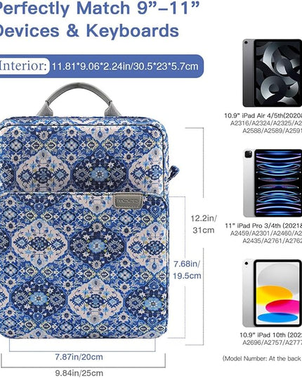 MoKo 9-11 Inch Tablet Sleeve Bag Handle Carrying Case with Shoulder Strap Fits 11inch iPad Air M3, iPad A16 2025, iPadPro 11", iPad109/8/7th Gen 10.2, Air 5/4th 10.9, Tab S8/S9 11", Blue Bohemia