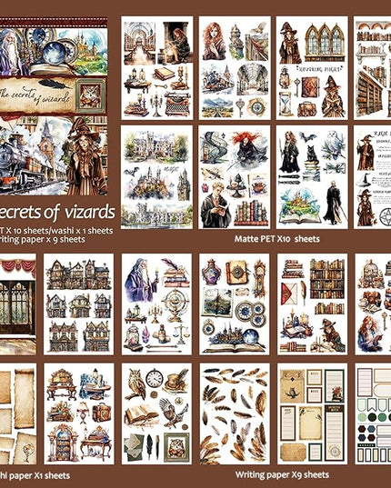 Snycler Sticker Book - 20 Sheets Vintage PET Stickers for Scrapbooking, Junk Journaling, Ephemera, and Decorative Crafts-The Secrets of Wizards