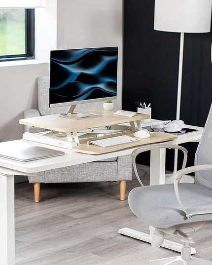 VIVO 28 inch Desk Converter, K Series, Height Adjustable Sit to Stand Riser, Dual Monitor and Laptop Workstation with Keyboard Tray, Light Wood Top, White Frame, DESK-V028KF