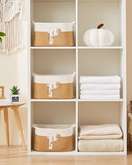 Storage Bins Woven Baskets for Storage Set of 3, Cotton Rope Basket with Handles for Toys/Shelves/Laundry, Rectangle Multi-Purpose Organizer for Living Room, Bedroom, Nursery (Giraffe)