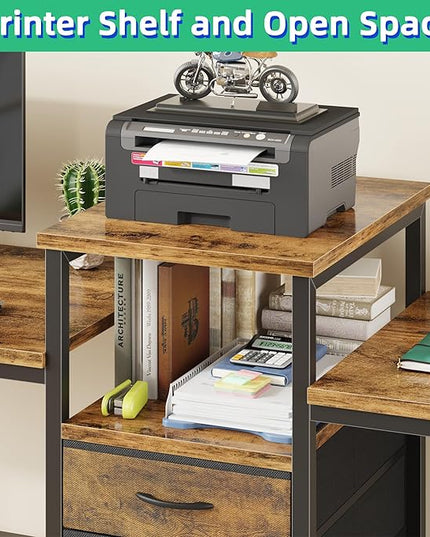 GYIIYUO 93'' Two Person Desk with Charging Station, Long Desk with 3 Fabric Drawers and Printer Shelf, Double Computer Desk, 2 Person Writing Study Table Workstation for Home Office, Rustic Brown