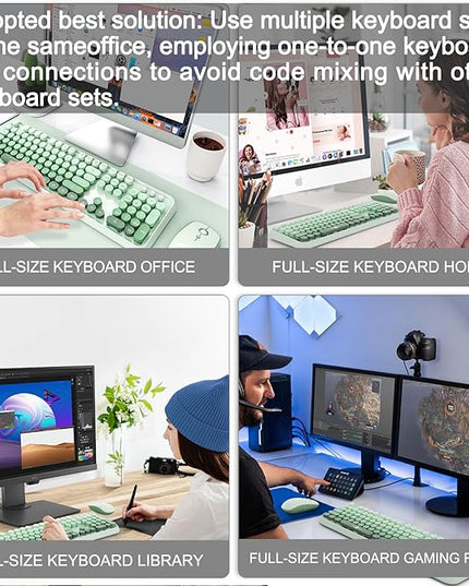 FOPETT Wireless Keyboard and Mouse Combo - 2.4G Full-Sized Cute Colorful Mouse and Keyboard with 104 Round Keys Retro Typewriter Keyboard for Laptop/Windows/PC - Green Gradient