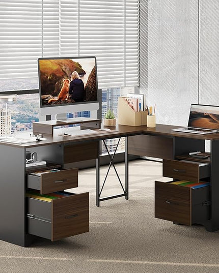 Bestier L Shaped Desk with 4 Drawers, 63" x 47" Executive Desk with Open Storage & Monitor Stand, Corner Desk with 2 File Drawers & Modesty Panel for Home Office, Cherry