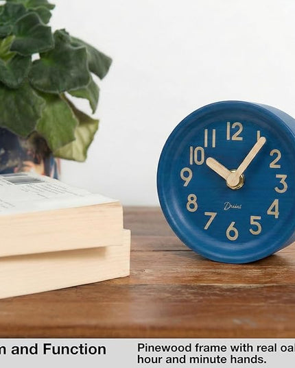 Driini Wooden Analog Desktop Clock – 4.3 in. Decorative Pinewood, No-Tick Design – Easy to Read Silent Sweep Mantle Clock – Quiet Tabletop Clocks with Wood Body, Hands, & Battery Cover; Blue