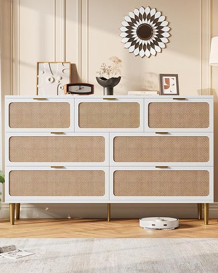 Garvee Rattan Dresser with 7 Drawers, Tall Modern Closet with Deep Storage, Large Chest of Drawers with Wide Top, Long Wooden Dresser for Bedroom, Living Room, Hallway, Kids Room, White