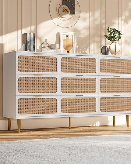 Garvee Rattan Dresser with 9 Drawers, Tall Modern Closet with Deep Storage, Large Chest of Drawers with Wide Top, Long Wooden Dresser for Bedroom, Living Room, Hallway, Kids Room, White